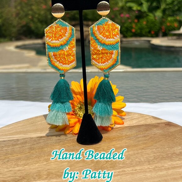 Handmade Beaded Orange Slices Long Tassel Fringe Dangle Drop Post Earrings Wow! - Picture 11 of 11